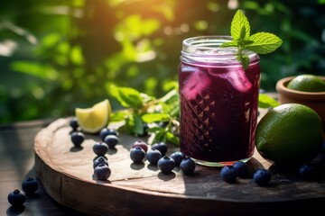 A tantalizing glass of refreshing blueberry iced tea served with fresh mint on a rustic outdoor table