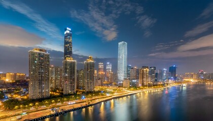Naklejka premium 高層ビルがある夜景、川沿い、アジア