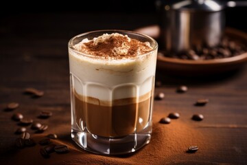 An enticing close-up capture of a frothy Tiramisu Latte on a vintage wooden surface