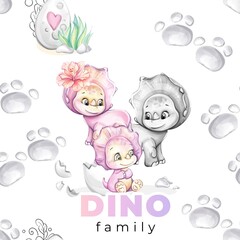 Seamless watercolor pattern baby dinosaurs family: mom and dad for nursery design. Cartoon and cute dinosaurs for print, wallpaper, fabric
