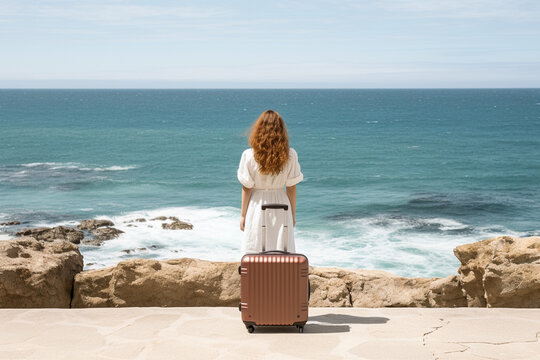 The back view of a female tourist in a dress stands on the street near the beach with the big luggage while looking at the beautiful sea view on a holiday trip. Generative AI.