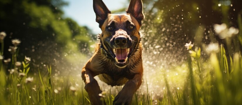 The playful Malinois a canine Shepherd known for their energy and athleticism happily frolicked in the green grass of the open field running with the sheer joy of being surrounded by the bea