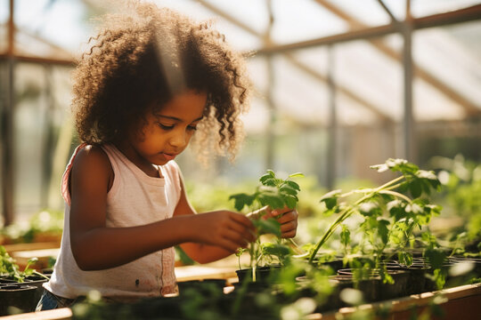 A portrait of a little girl with afro hairstyle willingly gardening flowers, sprouts, and vegetable plants in the greenhouse. Generative AI.