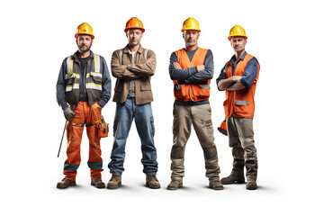 A crew of skilled construction workers, adorned in yellow helmets and equipped with tools, stands confidently with crossed arms against a white background.