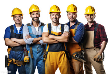 A crew of skilled construction workers, adorned in yellow helmets and equipped with tools, stands confidently with crossed arms against a white background.