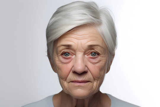 Portrait of senior gray-haired Caucasian woman on white background. Neural network generated photorealistic image. Not based on any actual person or scene.