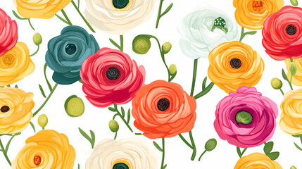 Seamless pattern Colorful Ranunculus Flowers on a White Base