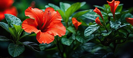 The isolated red tropical flower stands out amongst the green leaves of the tree its vibrant orange...