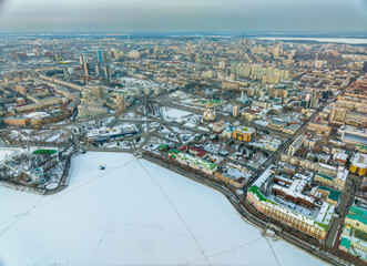 Yekaterinburg aerial panoramic view in Winter at sunset. Ekaterinburg is the fourth largest city in Russia located in the Eurasian continent on the border of Europe and Asia.