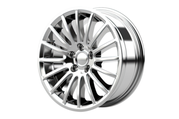 New shiny automotive wheel on light alloy disc isolated on white background