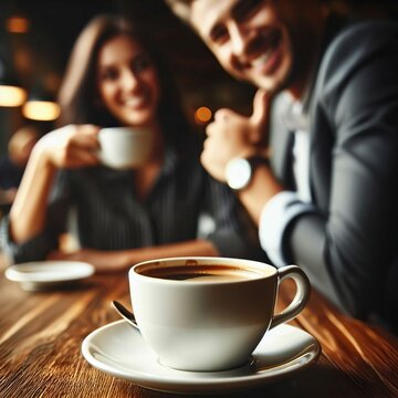 Closeup image of a coffee cup in a cafe. A happy couple drinking coffee. Mug of steaming coffee. Gathering. Advertising for coffee. Commercial. Bokeh background. Generative AI
