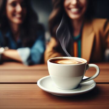 Closeup image of a coffee cup in a cafe. Happy friends drinking coffee. Mug of steaming coffee. Gathering. Advertising for coffee. Commercial. Bokeh background. Generative AI