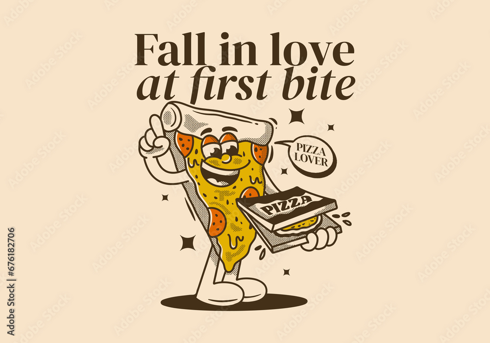 Wall mural Fall in love at first bite. Character of pizza holding a box pizza - Wall murals