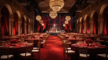 an opulent ballroom decorated for a festive event, with red drapery and tables set for a grand banquet under elegant chandeliers, celebration - Powered by Adobe