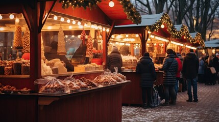 Christmas market stall, warmly lit and stocked with festive treats and decorations, as shoppers browse in the evening glow.