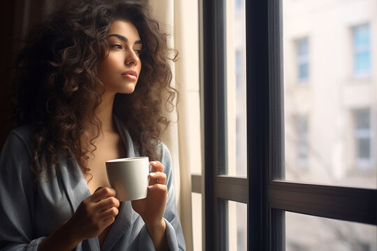 The portrait of the beautiful curly hairstyle holding a cup of hot coffee while sitting and looking at the view out of the window in the morning. Generative AI.