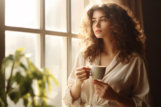 The portrait of the beautiful curly hairstyle holding a cup of hot coffee while sitting and looking at the view out of the window in the morning. Generative AI.