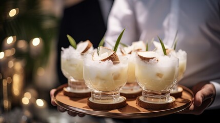 a server holding a tray of creamy white cocktails topped with shaved coconut and garnished with green leaves, in elegant glassware, with a soft bokeh light backdrop, adding a touch of sophistication.