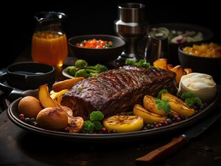 a glazed roast beef centerpiece, surrounded by roasted vegetables, lemon halves, and herbs on a large platter, a pitcher of juice, bowls of side dishes, and dining condiment, for feast