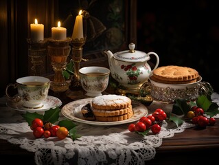 an elegant tea time arrangement with lit candles, a variety of delicate pastries on ornate china, and a teapot, all set upon a lace tablecloth, evoking a warm, festive atmosphere.
