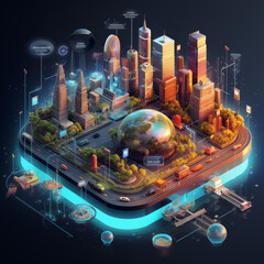 The city future isometric of smart technology and its impact on society.