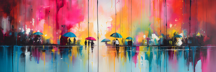 Colourful abstract painting of streets in the rain, in the style of luminous and dreamlike scenes with people holding umbrellas 
