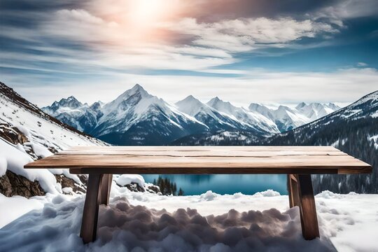 Unoccupied wooden board-topped table in front of a background of a fuzzy snowy mountain scene. Wood in perspective with a blurred winter landscape background as a backdrop for a photo montage