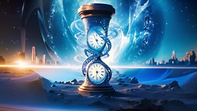 An infinite abyss opens in the clouds above a whirlpool of time and space that leads to an unknown plane the timeless hourglass at its center pouring frozen diamonds that slow the flow