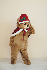 bear costume in christmas outfit for celebration
