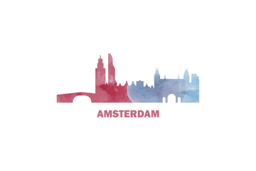Obraz premium Amsterdam watercolor cityscape skyline city panorama vector flat modern logo, icon. Netherlands, Holland capital emblem concept with landmarks and building silhouettes. Isolated graphic