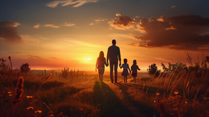 Happy family: mother father and child daughter on nature on sunset - Happy family in silhouette enjoying a meadow walk at sunset - Generative Ai	 - obrazy, fototapety, plakaty