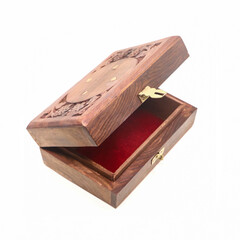 a brown, handcrafted wooden gift box for storing jewellery and money with red velvet lining, empty and open isolated 