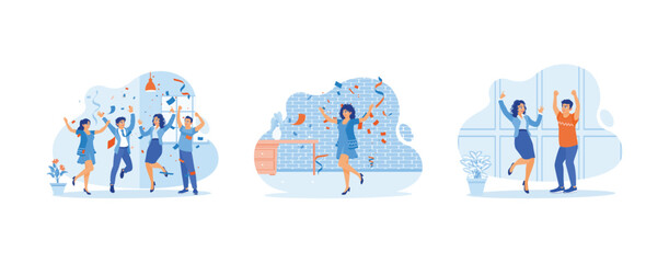 Fototapeta premium Happy to celebrate a colleague's birthday. They were throwing confetti indoors. Proclaim happy news. Celebration concept. set trend modern vector flat illustration