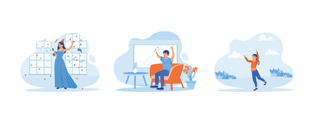 Celebration concept. Woman celebrating birthday. Get happy news from your cellphone. Happy daughter. set trend modern vector flat illustration