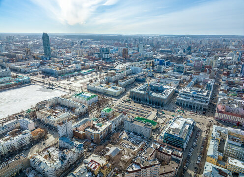 Embankment of the central pond and Plotinka. The historic center of the city of Yekaterinburg, Russia, Aerial View