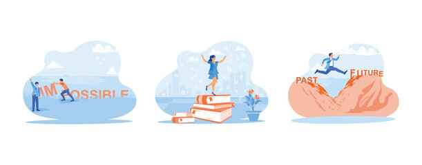 Self-improvement concept. I am turning the impossible into possible and standing on a pile of books. Jump from the past to the future. set trend modern vector flat illustration