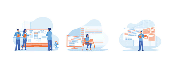 APP devs concept. IT expert working in modern office. Website coding standards. Binary and data on the digital tablet screen. set trend modern vector flat illustration