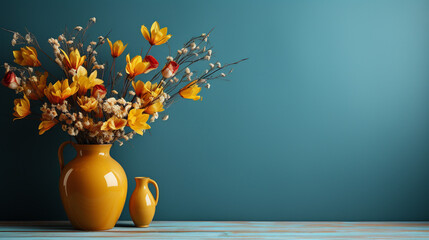 Ocean Blue Background Beutiful yellow flowers in the vase at turquise blue background - bouquet of yellow flowers in vase - Ai - obrazy, fototapety, plakaty