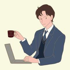 Handsome businessman enjoying coffee, sitting on workplace with laptop computer. Have a nice day coffee cup. Hand drawn flat cartoon character vector illustration.