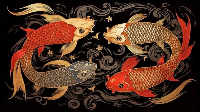 Four red and black koi fish swimming in a pattern on a black and gold background