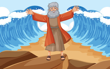 Moses Parting the Sea: A Vector Cartoon Illustration - obrazy, fototapety, plakaty