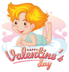 Cute Angel Lying on Cloud with Happy Valentine's Day Icon Banner