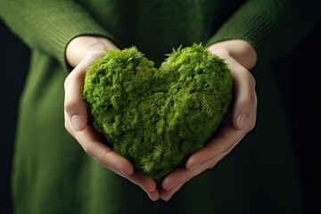 Nurturing love. Human hands cradle young green tree heart. Eco affection. Growing love for nature and sustainable living. Sustainable romance. Holding life beginnings