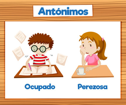 Spanish Language Education: Busy and Lazy Cartoon Illustration