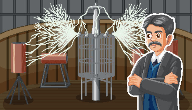 Nikola Tesla's Magnifying Transmitter Experiment: A Vector Cartoon