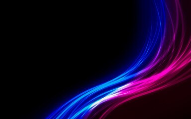 Illustration of a dark background with abstract blue pink backlit glowing wavy shaped stripes with effects