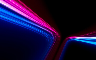 Illustration of a dark background with abstract blue pink backlit glowing wavy shaped stripes with effects