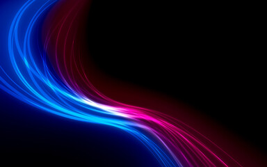 Illustration of a dark background with abstract blue pink backlit glowing wavy shaped stripes with effects