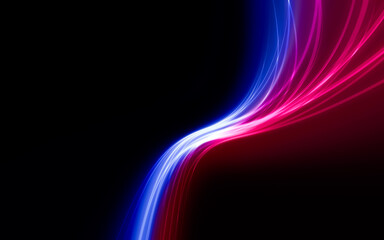 Illustration of a dark background with abstract blue pink backlit glowing wavy shaped stripes with effects