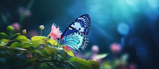 The isolated butterfly with its colorful wings and beautiful pink spots gracefully flutters against the background of vibrant green and blue nature showcasing the art of nature s beauty in 